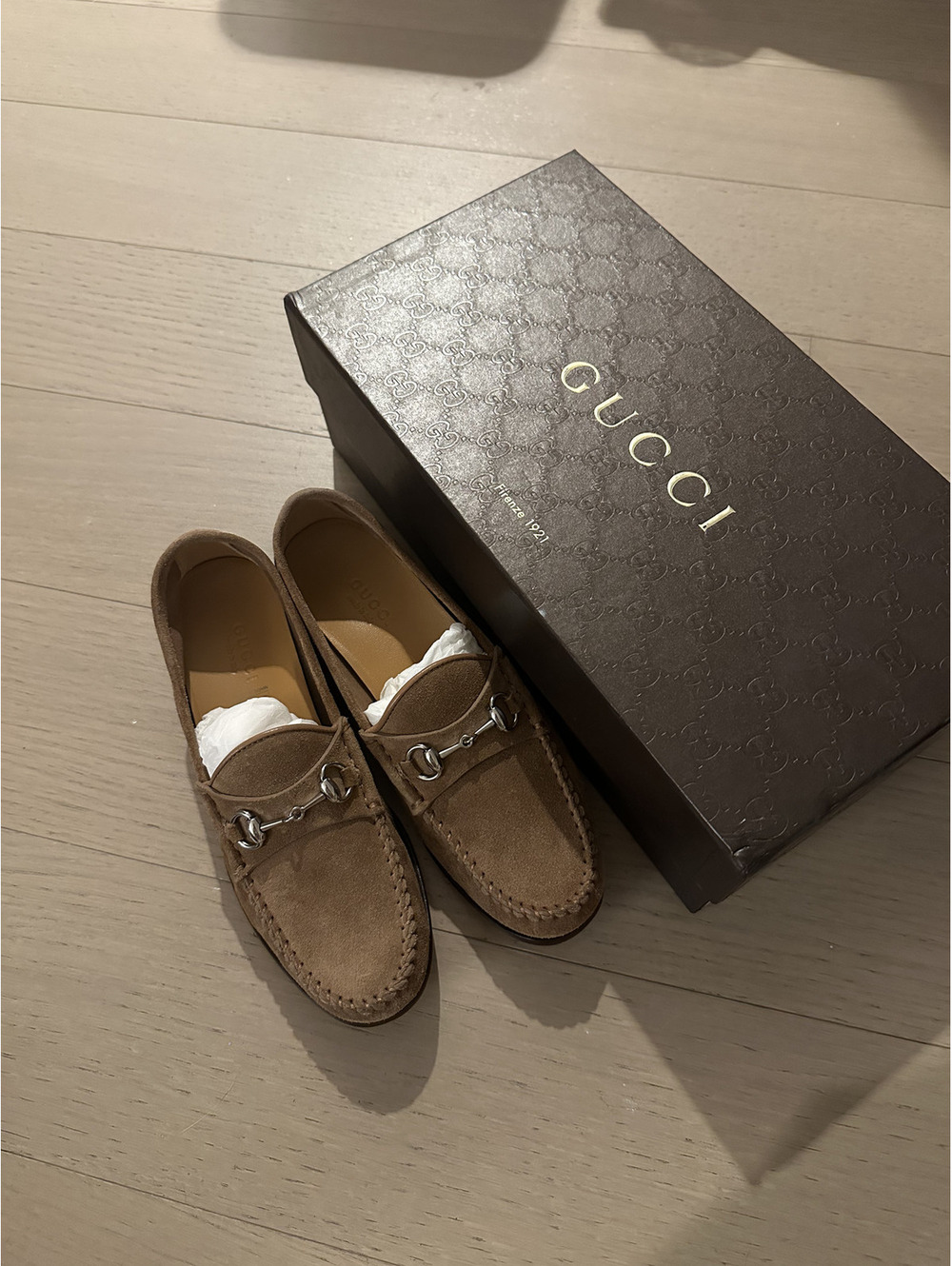 Gucci Women's Suede Horsebit Loafers Size 34.5 Tan Brown
